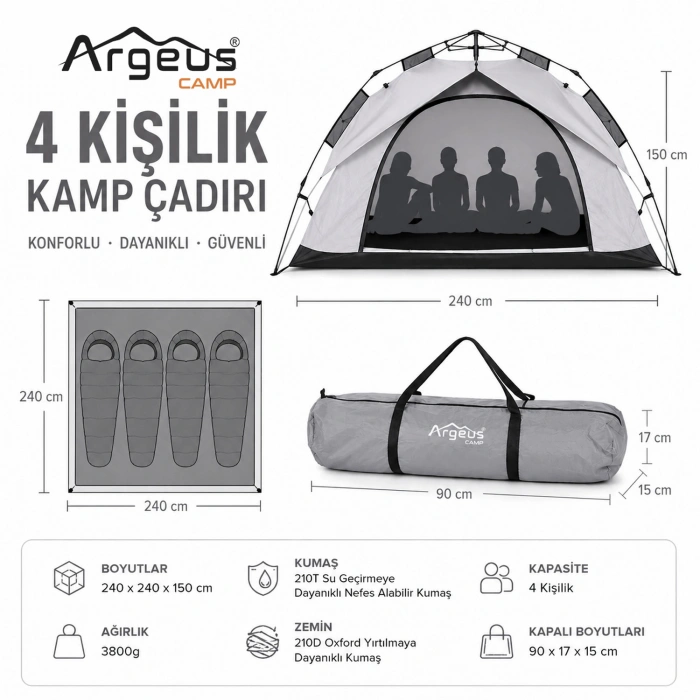 Uyguna-Yakala 4 Kişilik Otomatik Kurulum Kamp Çadırı - 240x240x150cm - Argeus Infinity