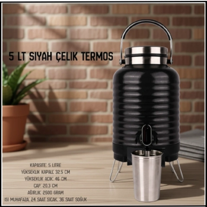 Uyguna-Yakala 5 lt Siyah Çelik Termos-ERM.242