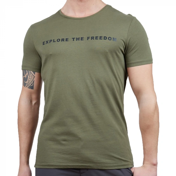 Uyguna-Yakala Pamuklu Erkek T-Shirt Haki-604-H