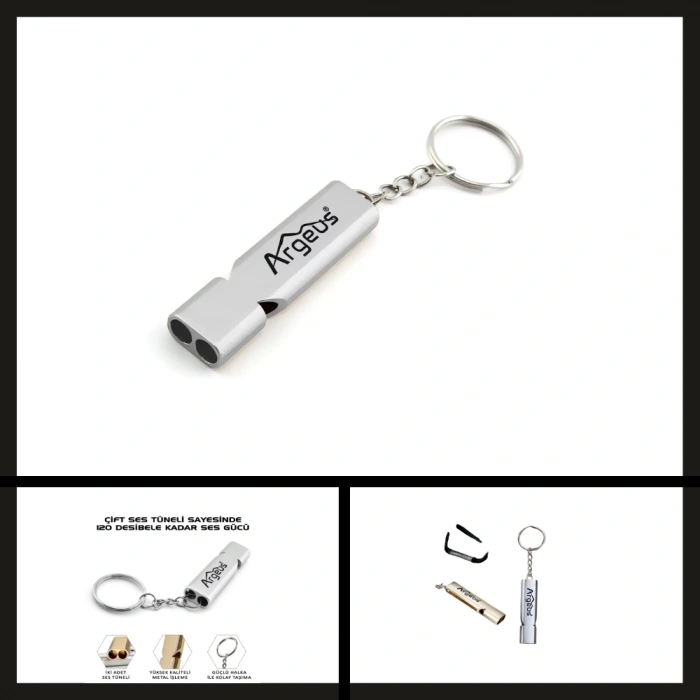 Uyguna-Yakala Gümüş Argeus Anahtarlıklı Alüminyum Acil Durum Düdüğü-PUS.023