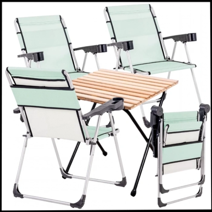 Uyguna-Yakala  Bardaklıklı - 140 KG Taşıma 4 Adet Katlanabilir Kamp Sandalyesi ve Masa Seti  Su Yeşili -RC-A03