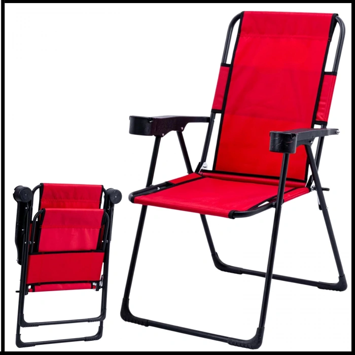 Uyguna-Yakala Bardaklıklı Kırmızı Katlanabilir Kamp Sandalyesi-TAB.247