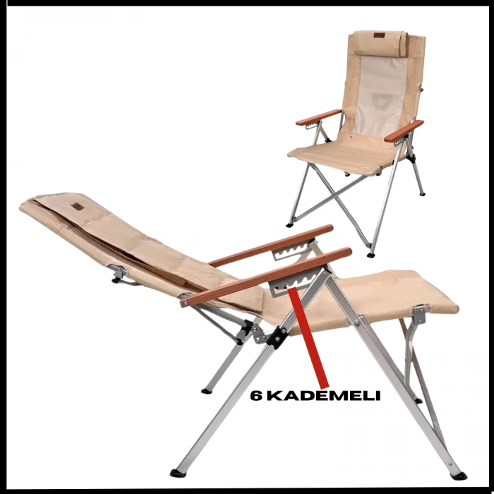 Uyguna-Yakala Bej- Taşıma Çantalı Katlanır Kamp Piknik Sandalyesi -6 Kademeli - MLZ.348