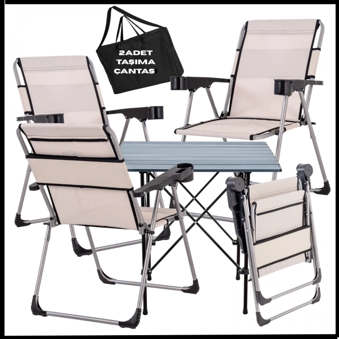 Uyguna-Yakala  Bozkır- Taşıma Çantalı 4 Adet Katlanır Kamp Sandalyesi ve Alüminyum Masa Seti - A21-ALUA