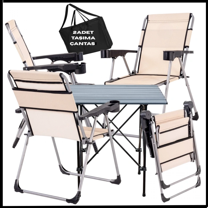 Uyguna-Yakala Buğday - Taşıma Çantalı 4 Adet Katlanır Kamp Sandalyesi ve Alüminyum Masa Seti -A24-ALUA