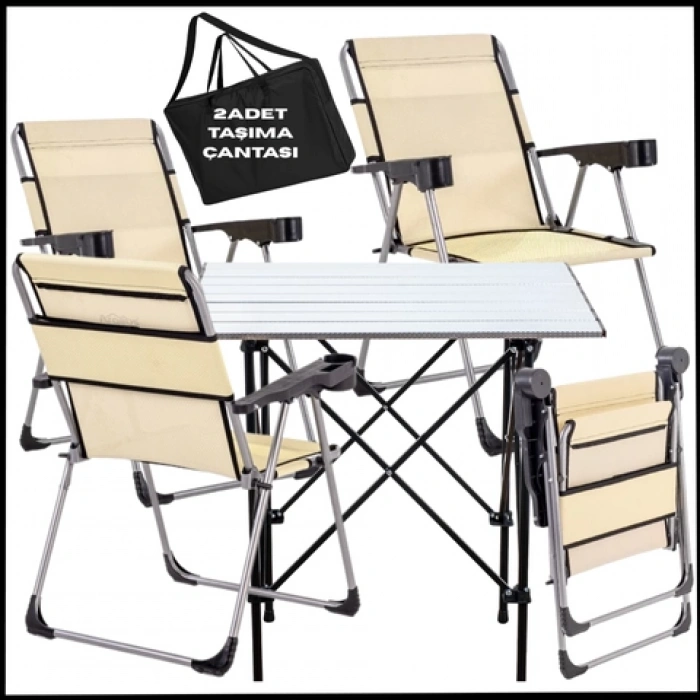 Uyguna-Yakala  Buğday - Taşıma Çantalı 4 Adet Katlanır Kamp Sandalyesi ve Alüminyum Masa Seti -A24-ALUG