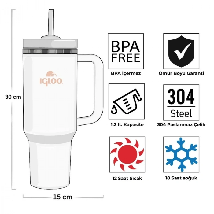 Uyguna-Yakala Çelik Mug Termos - Igloo - Stadler - 1.2 lt - Beyaz - 205787