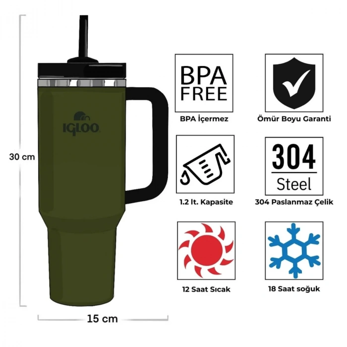 Uyguna-Yakala Çelik Mug Termos - Igloo - Stadler - 1.2 lt - Haki/Siyah - 205787