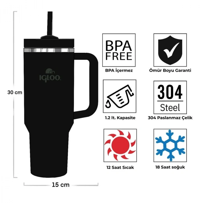 Uyguna-Yakala Çelik Mug Termos - Igloo - Stadler - 1.2 lt - Siyah - 205787