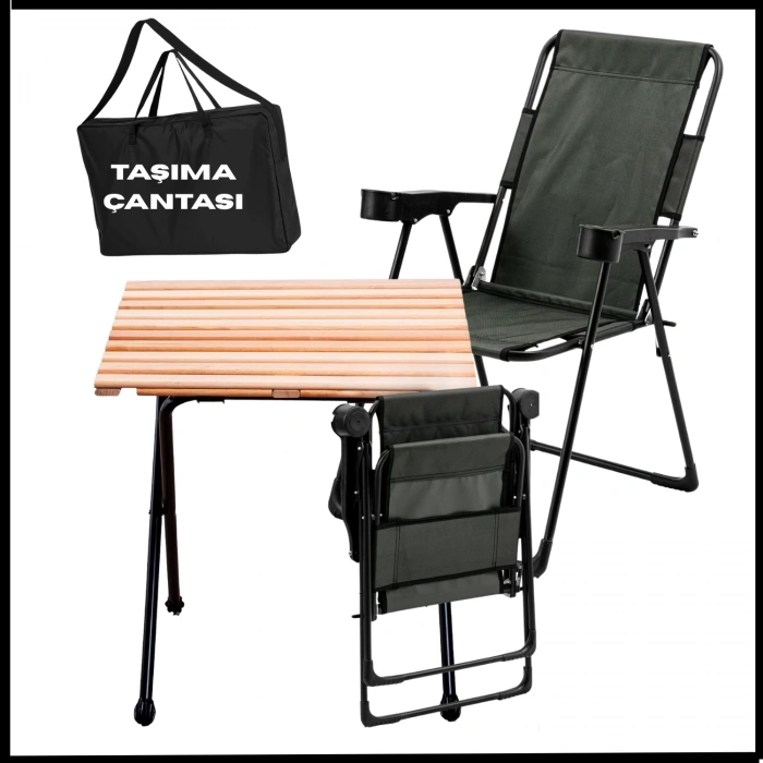 Uyguna-Yakala  Haki -130 KG Taşıma 2 Adet Katlanır Kamp Sandalyesi ve Masa Seti Taşıma Çantalı - TAB.276