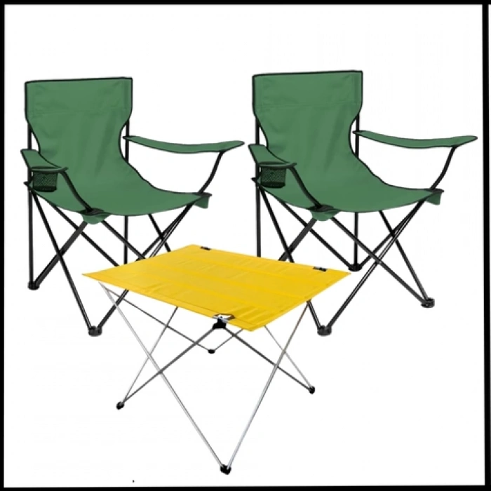 Uyguna-Yakala Haki/Sarı - Plaj Sandalyesi 2 Adet Katlanır Kamp Sandalyesi ve Masa Seti -TAB.292