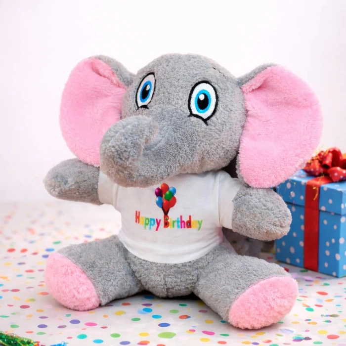 Uyguna-Yakala Happy Birthday Tişörtlü Peluş Oyuncak Fil