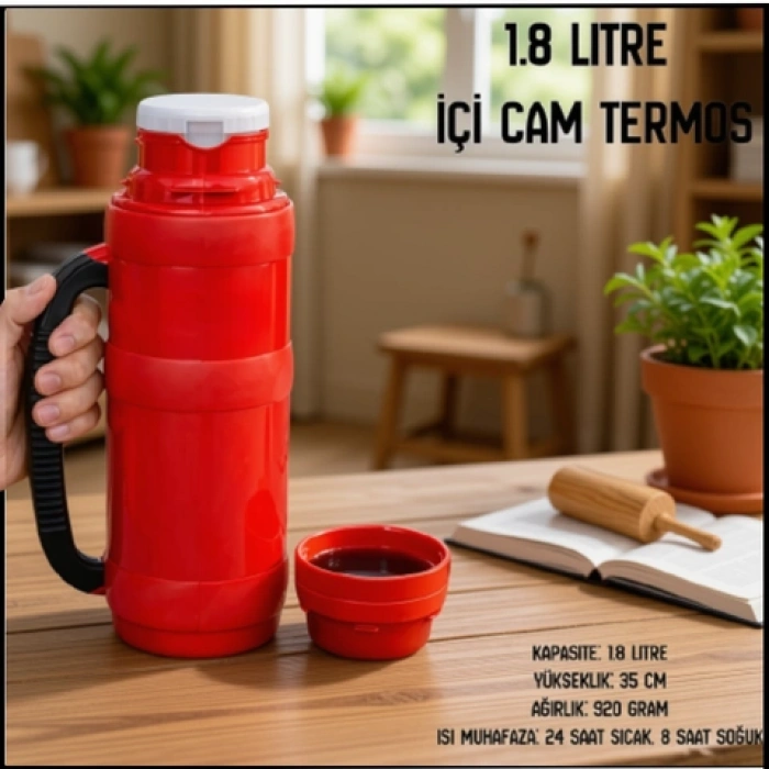 Uyguna-Yakala Kırmızı 1.8 lt İçi Cam Termos-ERM.248