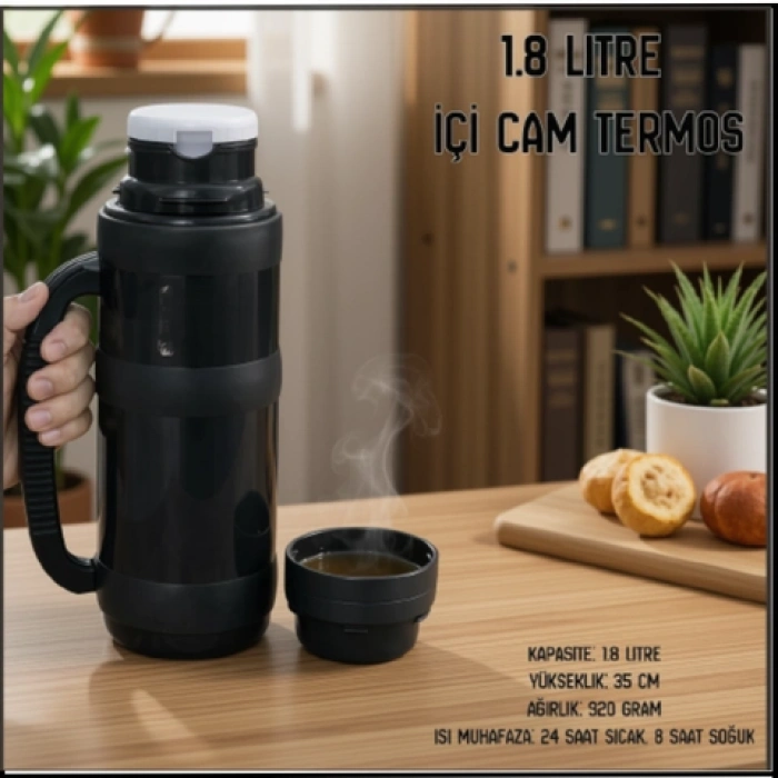 Uyguna-Yakala Siyah 1.8 lt İçi Cam Termos-ERM.249