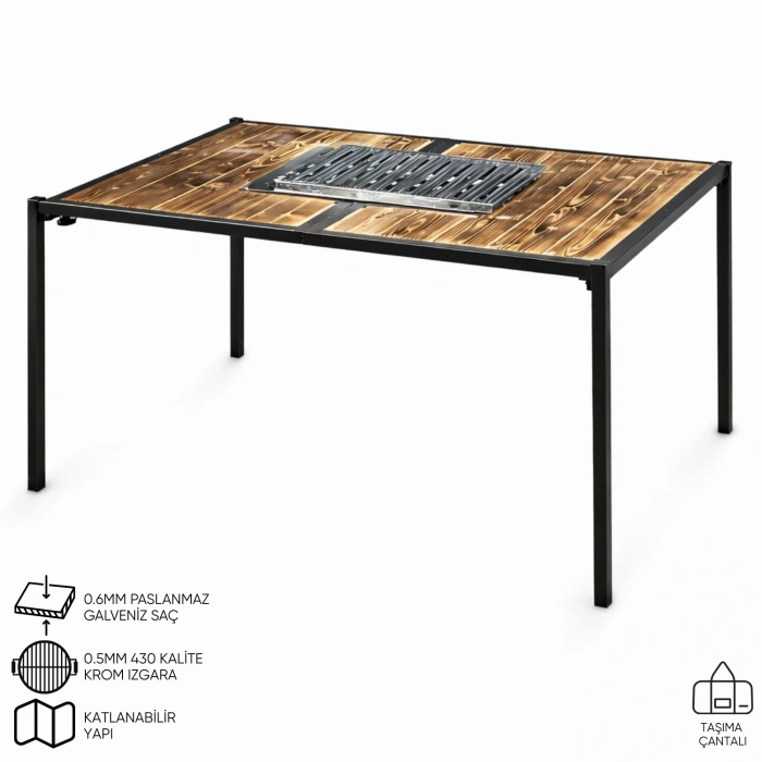 Uyguna-Yakala Katlanabilir Mangal Masa - Krom Izgaralı - 100cm*70cm*65cm