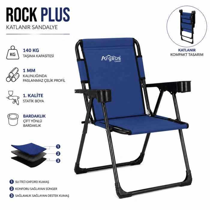 Uyguna-Yakala Katlanır Piknik ve Kamp Sandalyesi - Bardaklıklı - Rock Plus - Lacivert