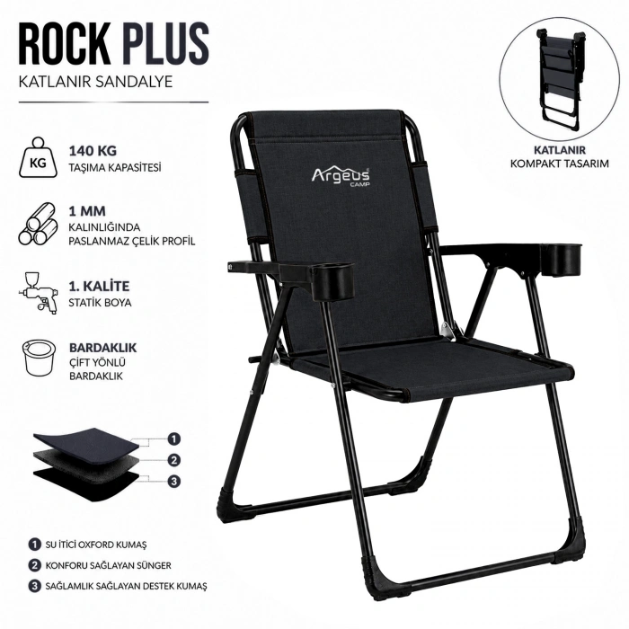 Uyguna-Yakala Katlanır Piknik ve Kamp Sandalyesi - Bardaklıklı - Rock Plus - Linen Siyah
