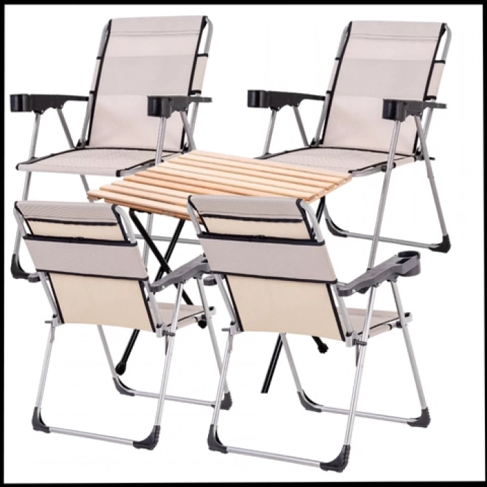 Uyguna-Yakala Kestane 140 KG Taşıma 4 Adet Katlanabilir Kamp Sandalyesi ve Masa Seti- Bardaklıklı-4RC-A22