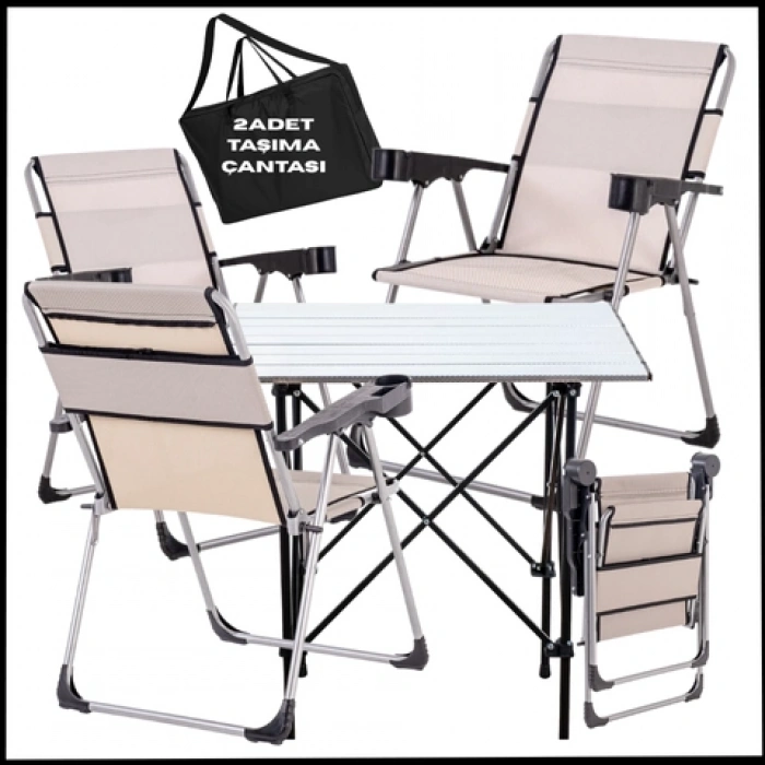Uyguna-Yakala Kestane - Taşıma Çantalı 4 Adet Katlanır Kamp Sandalyesi ve Alüminyum Masa Seti -A22-ALUG