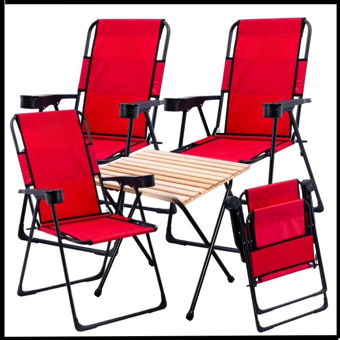 Uyguna-Yakala Kırmızı - 130 KG Taşıma 4 Adet Katlanır Kamp Sandalyesi ve Masa Seti - TAB.251