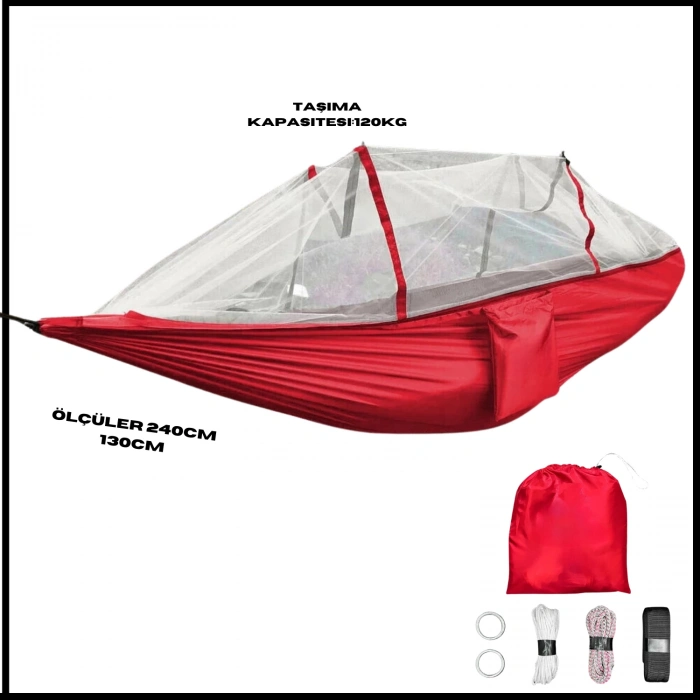 Uyguna-Yakala Kırmızı Cibinlikli Kamp Hamağı-MLZ.283