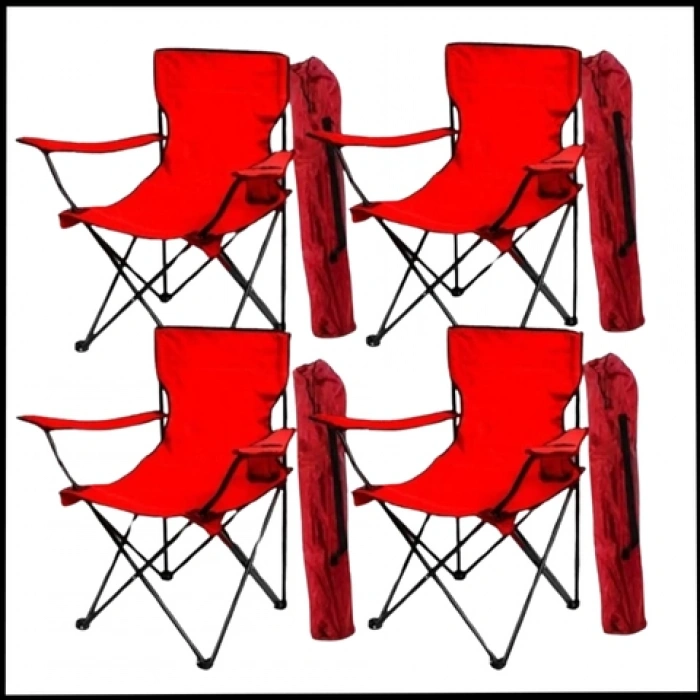 Uyguna-Yakala Kırmızı  - Taşıma Çantalı 4 Adet Katlanır Kamp Sandalyesi - Piknik Plaj Sandalyesi -TAB.269