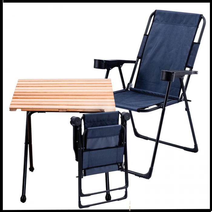 Uyguna-Yakala Lacivert -130 KG Taşıma 2 Adet Katlanır Kamp Sandalyesi ve Masa Seti - TAB.257