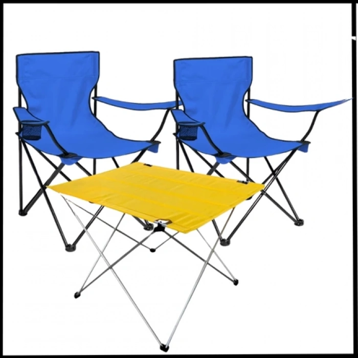 Uyguna-Yakala Mavi/Sarı- Plaj Sandalyesi 2 Adet Katlanır Kamp Sandalyesi ve Masa Seti -TAB.294