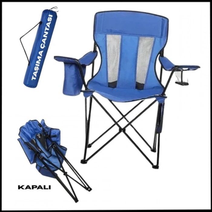 Uyguna-Yakala Mavi - Taşıma Çantalı-Bardaklıklı - Katlanır Kamp Piknik Sandalyesi - MLZ.341