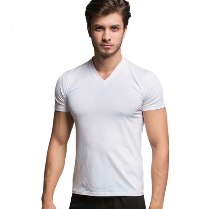Uyguna-Yakala Microfiber T-Shirt - V Yaka - Thermoform - Beyaz
