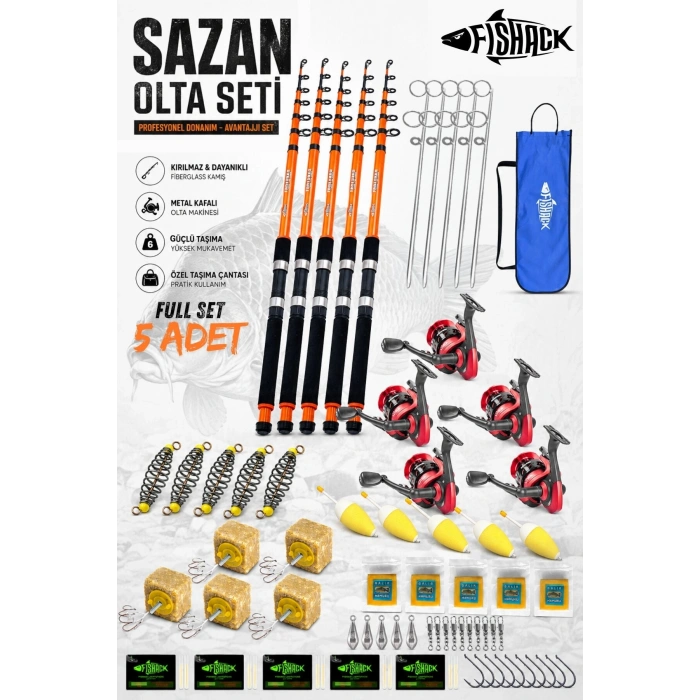 Uyguna-Yakala Profesyonel 5’li Sazan Olta Takımı - 3.30MT- Kırılmaz Kamış Metal Kafa Makine