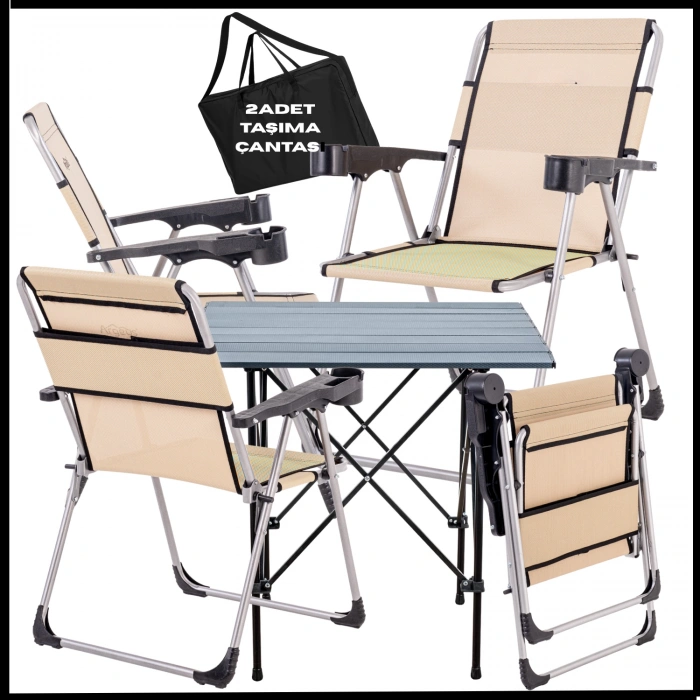 Uyguna-Yakala Sahra  - Taşıma Çantalı 4 Adet Katlanır Kamp Sandalyesi ve Alüminyum Masa Seti -A12-ALUA