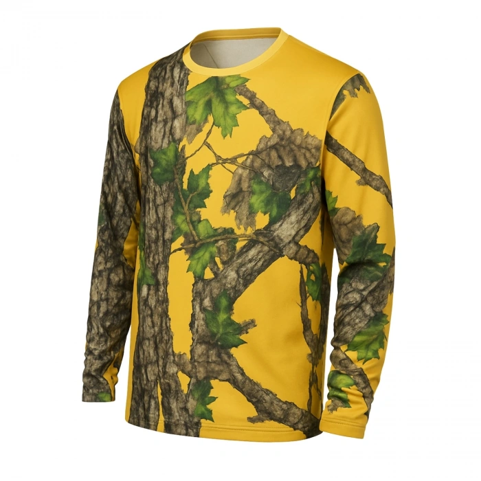 Uyguna-Yakala Sarı Orman Desenli Mikrofiber Sweatshirt - Avcı Sweatshirt - Hızlı Kurur