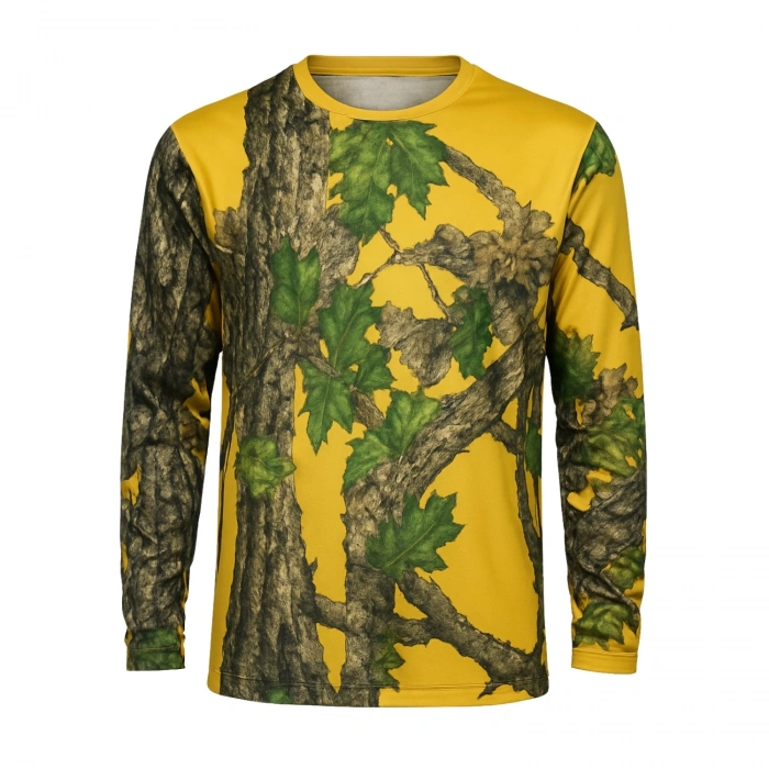 Uyguna-Yakala Sarı Orman Desenli Mikrofiber Sweatshirt - Avcı Sweatshirt - Hızlı Kurur