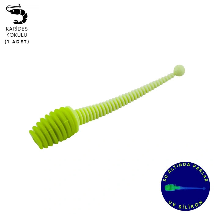Uyguna-Yakala Silikon Kurt Yem - 2,1g 70mm - Fishack Wormix - 1 Adet - Yeşil/Beyaz - Karides Kokulu