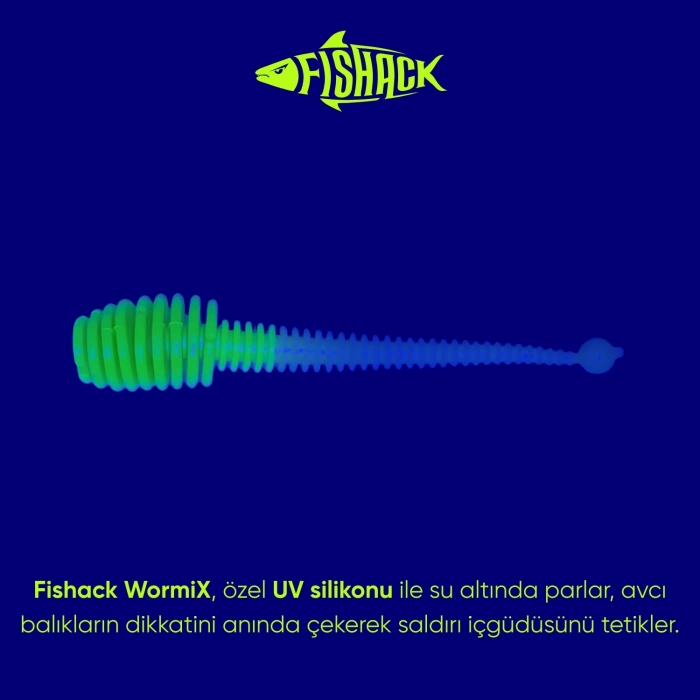 Uyguna-Yakala Silikon Kurt Yem - 2,1g 70mm - Fishack Wormix - 1 Adet - Yeşil/Beyaz - Karides Kokulu