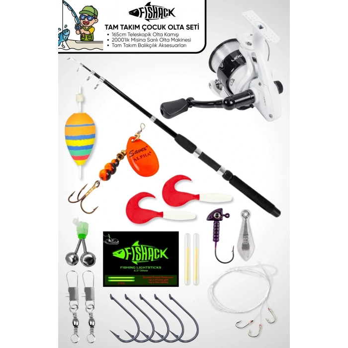 Uyguna-Yakala 165cm Kamış 10-30GR / 20lik Makine Tam Takım Çocuk Olta Seti- 18 Parça-LER.101