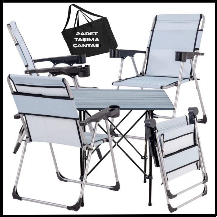 Uyguna-Yakala Turkuaz   - Taşıma Çantalı 4 Adet Katlanır Kamp Sandalyesi ve Alüminyum Masa Seti -A01-ALUA