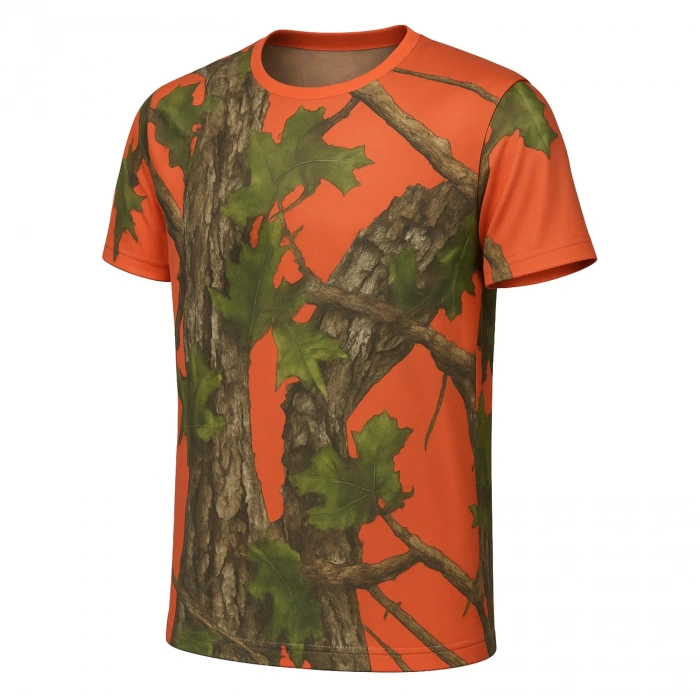 Uyguna-Yakala Turuncu Orman Desenli Mikrofiber Tişört - Avcı Tişört - Hızlı Kurur