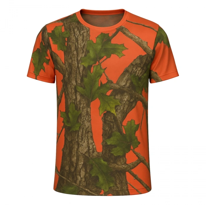 Uyguna-Yakala Turuncu Orman Desenli Mikrofiber Tişört - Avcı Tişört - Hızlı Kurur