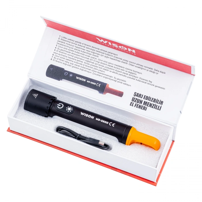 Uyguna-Yakala Wison El Feneri - Fonksiyonlu - Zoomlu - Şarjlı 10 W - Metal Gövde