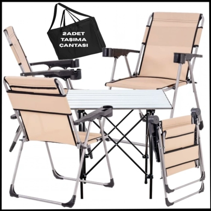 Uyguna-Yakala Bej- Taşıma Çantalı 4 Adet Katlanır Kamp Sandalyesi ve Alüminyum Masa Seti -A02-ALUA
