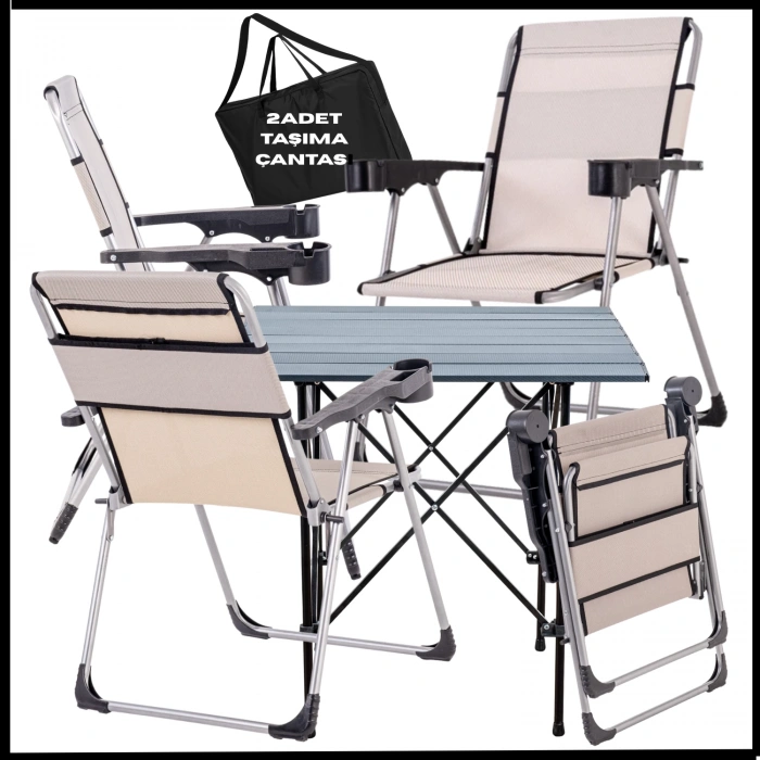 Uyguna-Yakala  Kestane  - Taşıma Çantalı 4 Adet Katlanır Kamp Sandalyesi ve Alüminyum Masa Seti - A22-ALUA