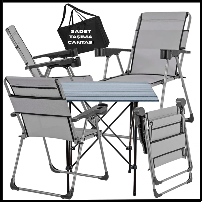 Uyguna-Yakala  Kül Gri - Taşıma Çantalı 4 Adet Katlanır Kamp Sandalyesi ve Alüminyum Masa Seti - A14-ALUA