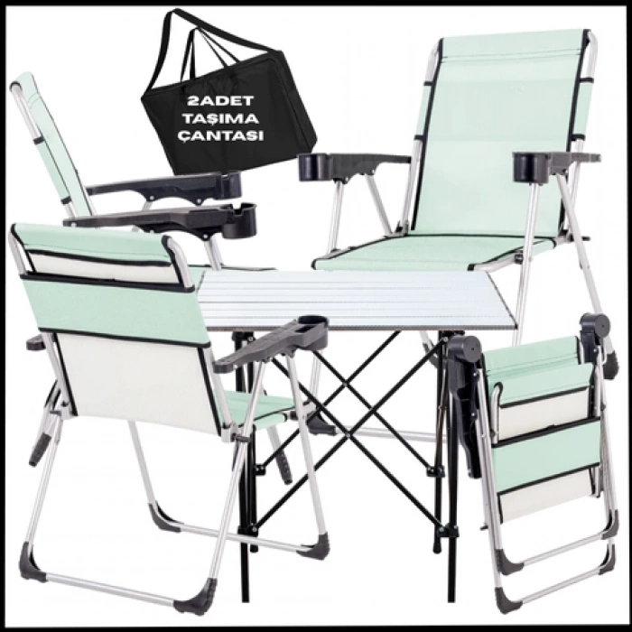 Uyguna-Yakala Su Yeşili- Taşıma Çantalı 4 Adet Katlanır Kamp Sandalyesi ve Alüminyum Masa Seti -A03-ALUG