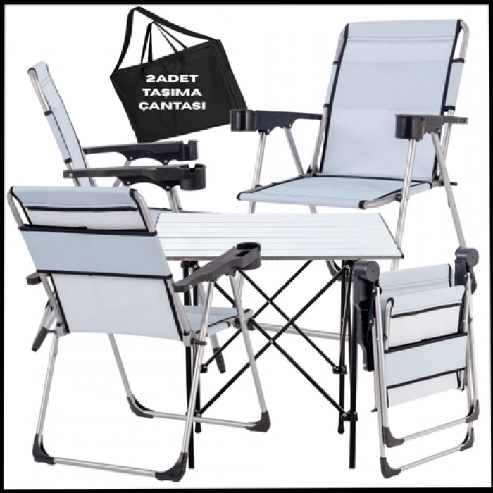 Uyguna-Yakala  Turkuaz - Taşıma Çantalı 4 Adet Katlanır Kamp Sandalyesi ve Alüminyum Masa Seti -A01-ALUG