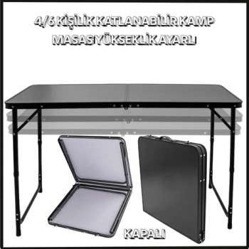 Uyguna-Yakala Siyah  4/6 Kişilik Katlanabilir Kamp Masası - Yükseklik Ayarlı - 44A-S