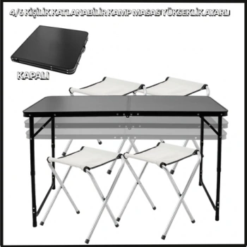 Uyguna-Yakala Siyah 4/6 Kişilik - 4 Tabureli Katlanabilir Kamp Masası Seti -44A