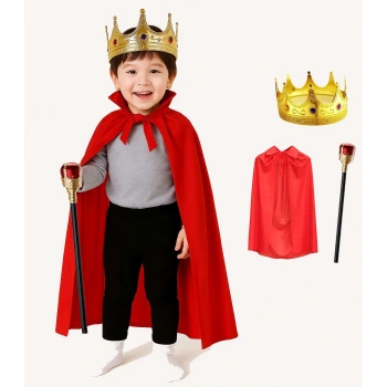 Çocuk Kral Kostüm Seti – Kırmızı Pelerin, Taç ve Asa (90 cm)