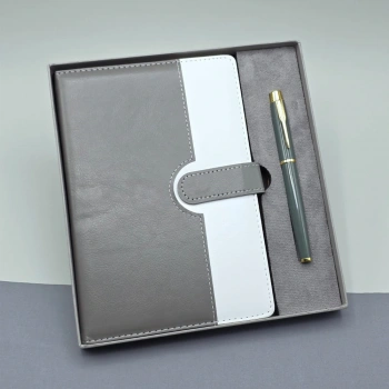 Gri Kutulu Deri Defter Roller Kalem Set